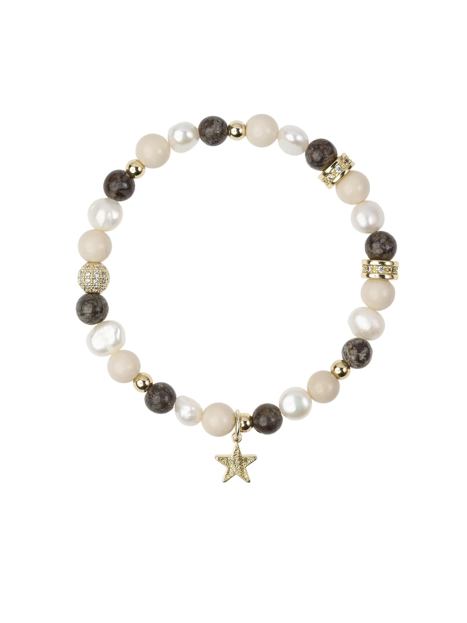 Stone & Pearl Bead Bracelet 6 mm W/Charm, Natural