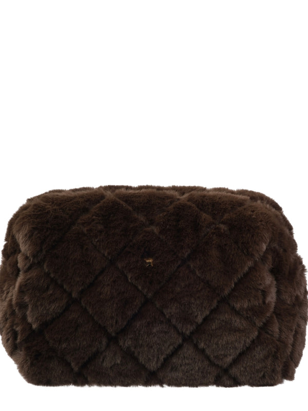 Faux Fur Quilted Make-Up Pouch Large, Chocolate Brown