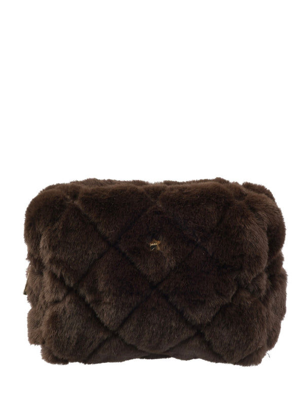 Faux Fur Quilted Make-Up Pouch Small, Chocolate Brown