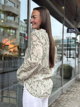 Blouse,tunic shape, stand up collar with v-neck