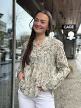 Blouse,tunic shape, stand up collar with v-neck