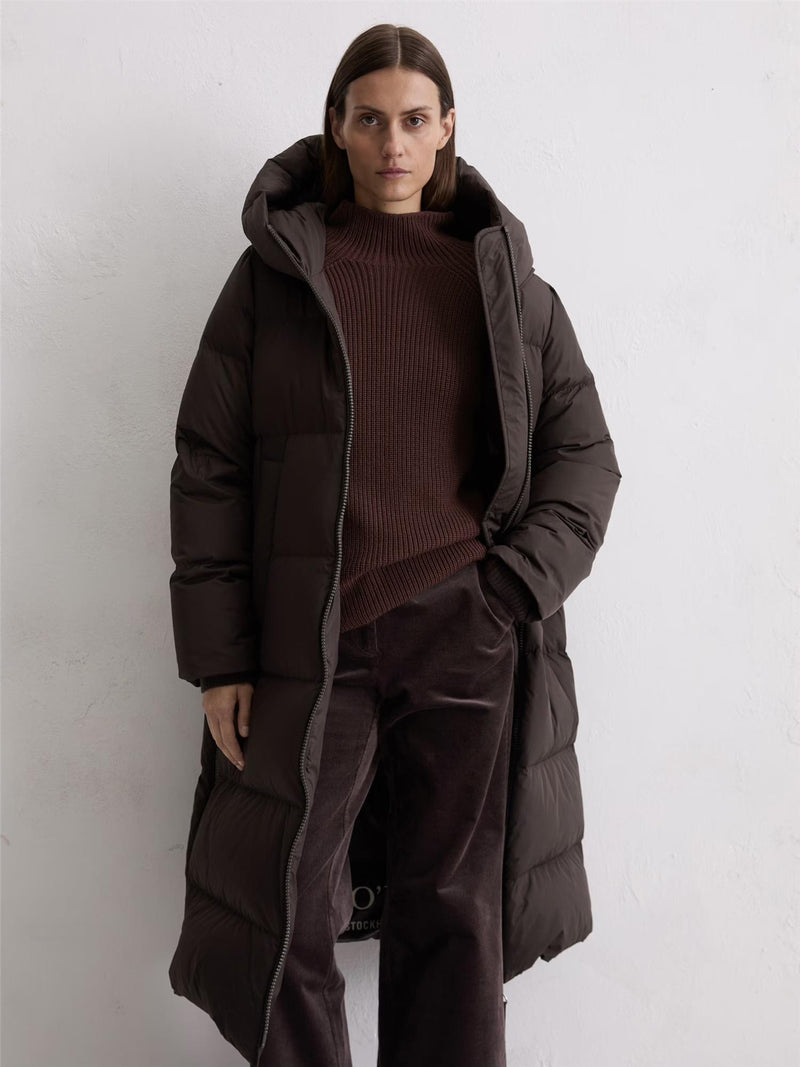 Coat, down filled, with hood, Dark Coffee