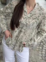 Blouse,tunic shape, stand up collar with v-neck
