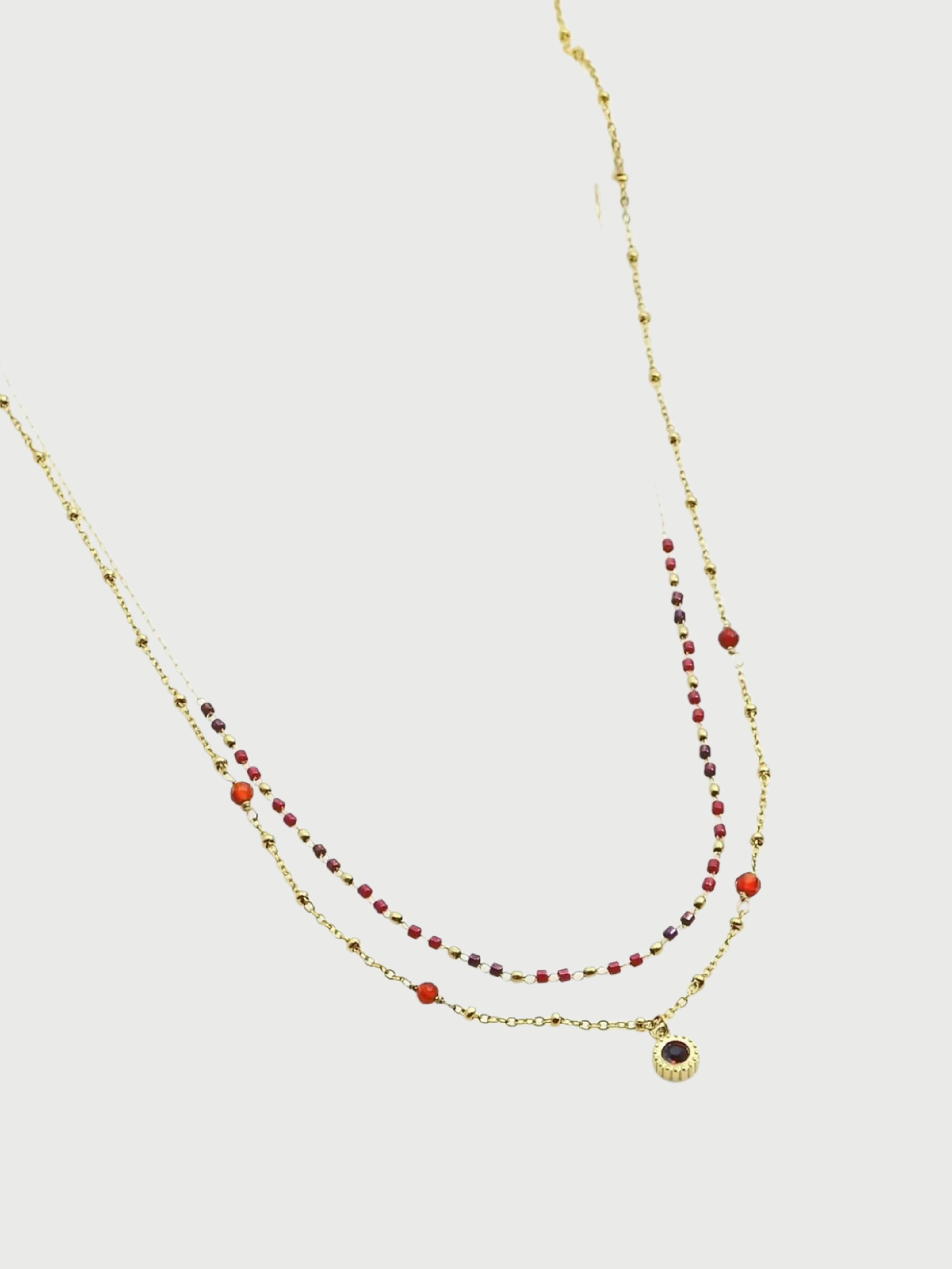 Necklace, double-layer, natural stone, Burgundy