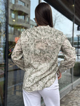 Blouse,tunic shape, stand up collar with v-neck