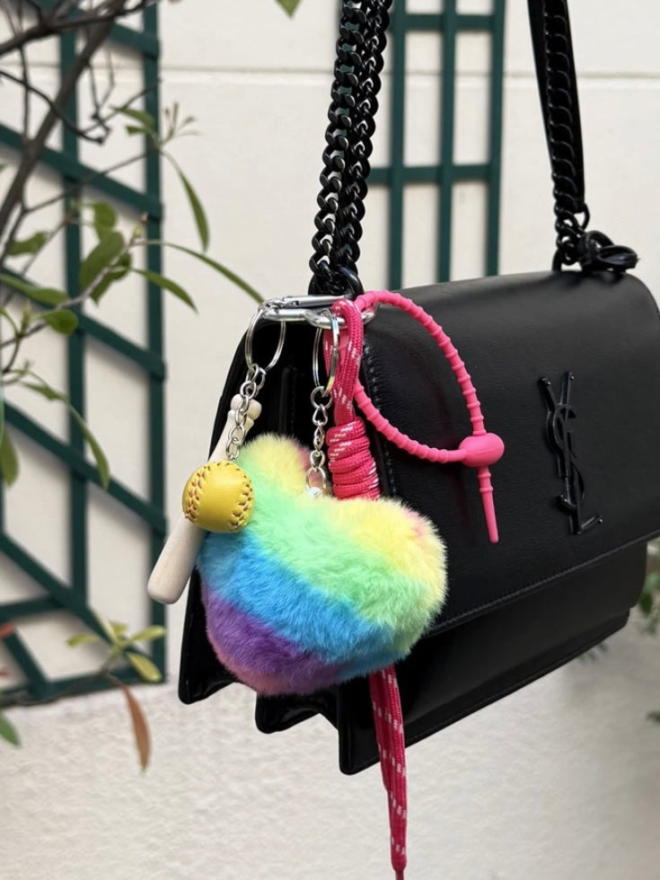 Bag Charm, Rainbow Fluffy Heart