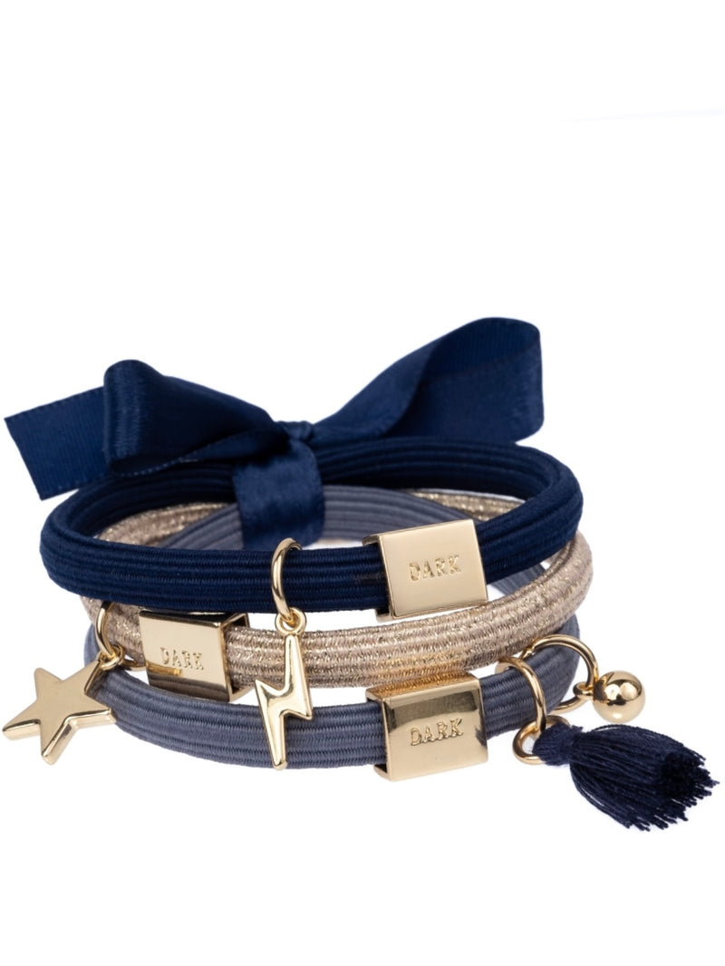 Hair Ties 3 pk Charm Combo, Navy Blue