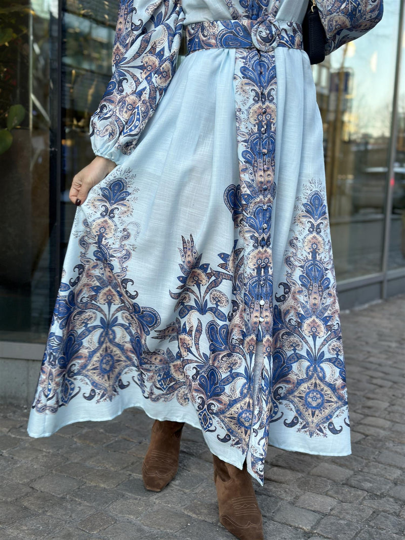 Long Paisley Dress, Bleu