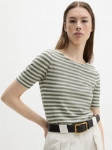 T-shirt, short sleeve, boat neck, Striped Green