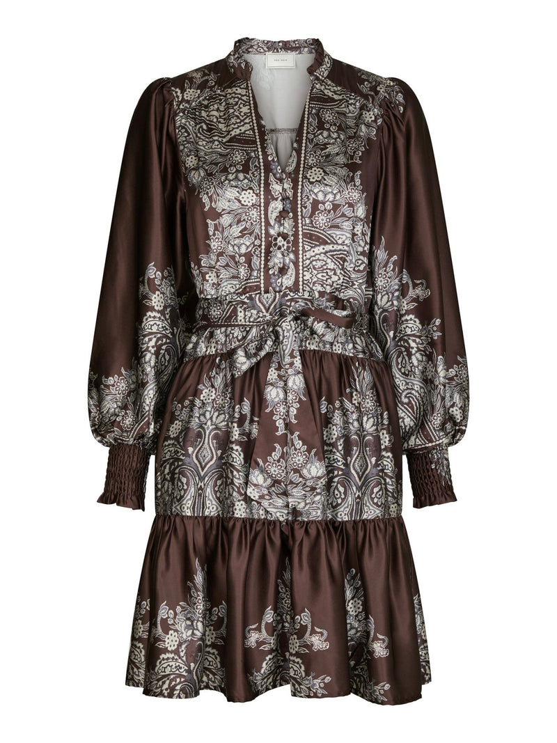 Malfida Paisley Border Dress, Dark Brown
