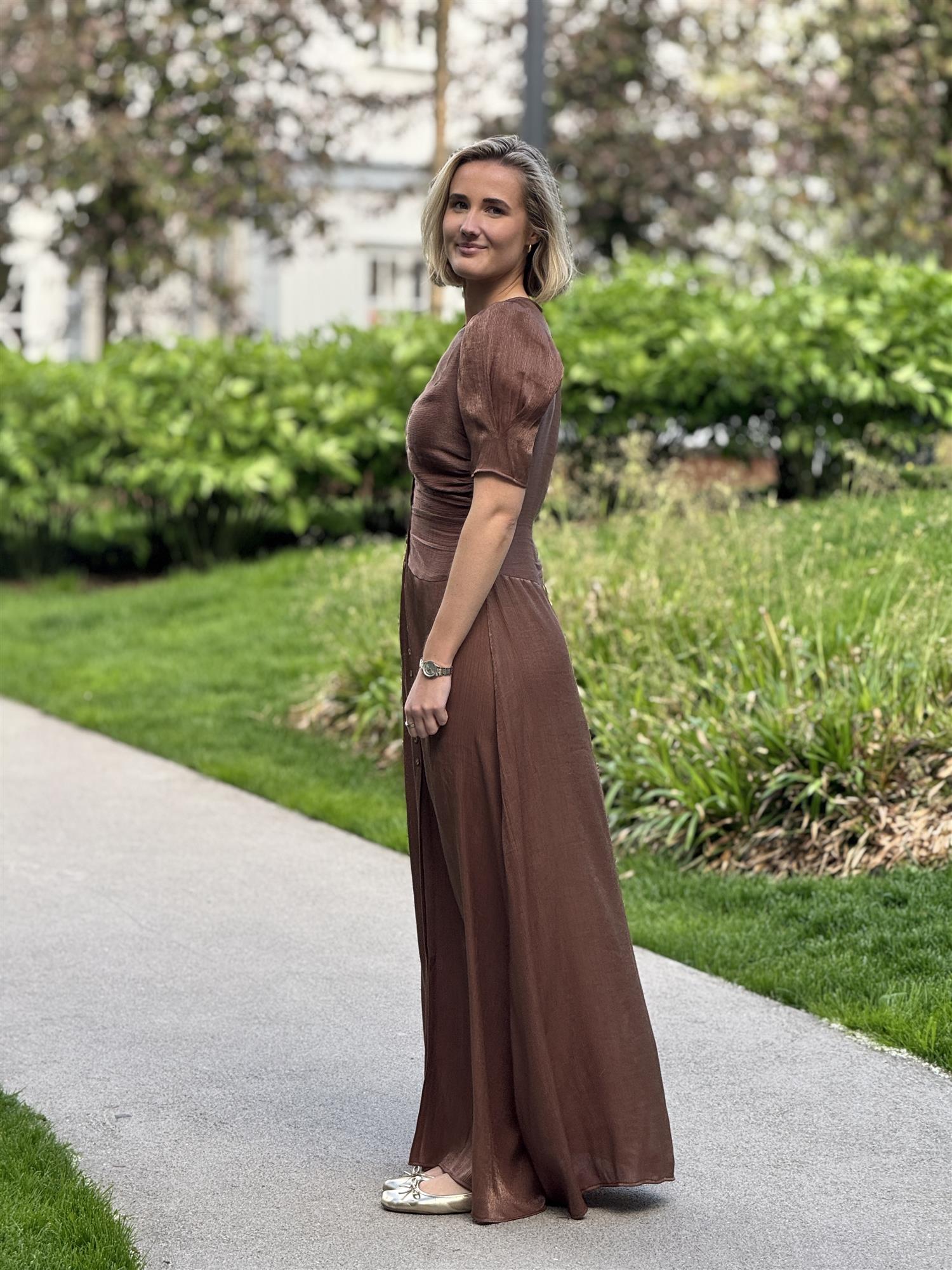 Shiny Button-Down Dress, Brown