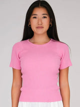 Rib knit short sleeve top, Pink