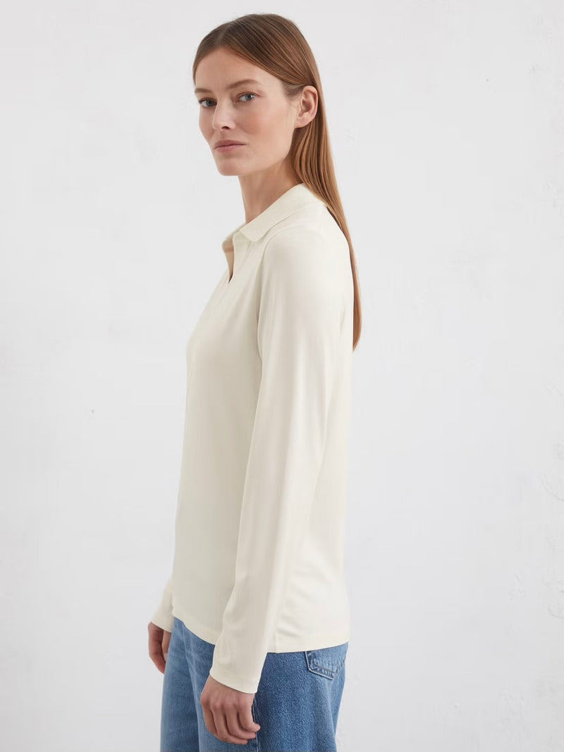 Jersey blouse, long sleeve, polo collar, White