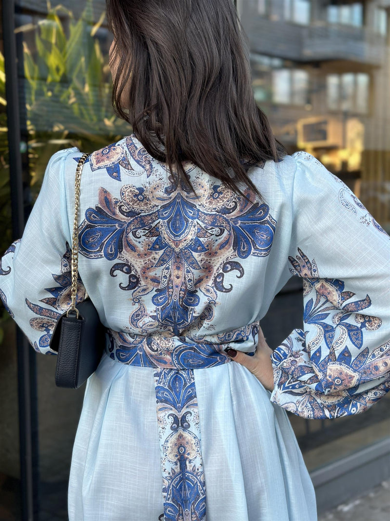 Long Paisley Dress, Bleu