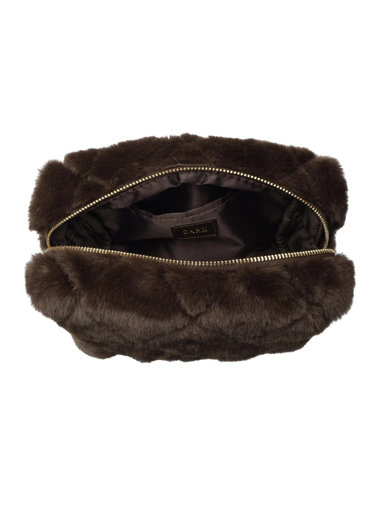 Faux Fur Quilted Make-Up Pouch Small, Brown