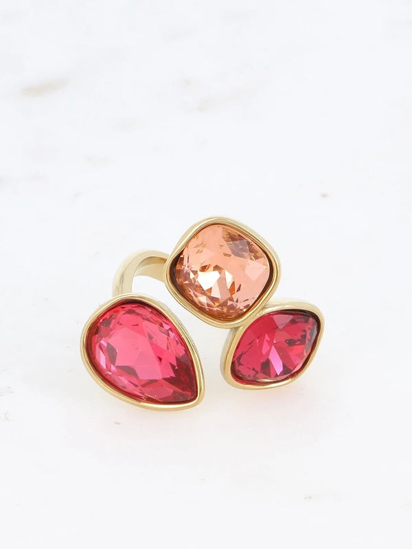 Open ring, 3 crystals, Pink
