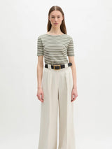 T-shirt, short sleeve, boat neck, Striped Green