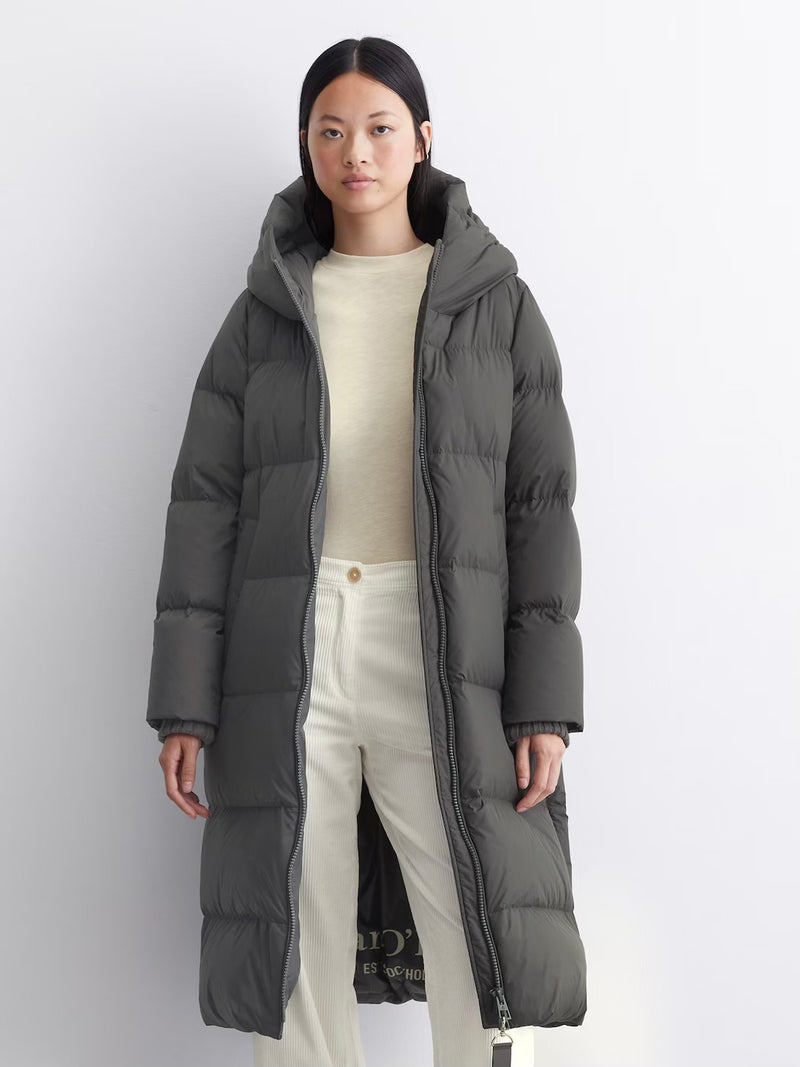 Puffer coat, with hood, side slits with zipper, Light Graphite