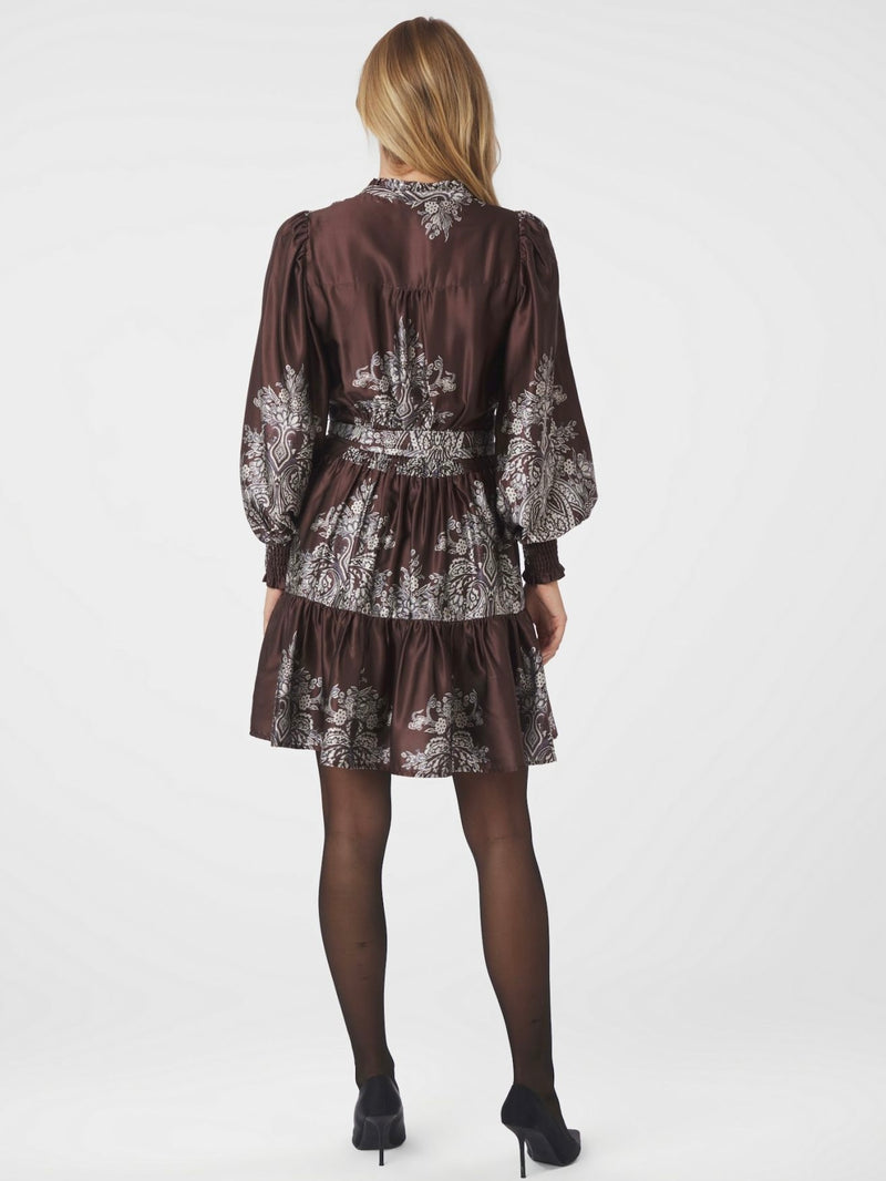 Malfida Paisley Border Dress, Dark Brown