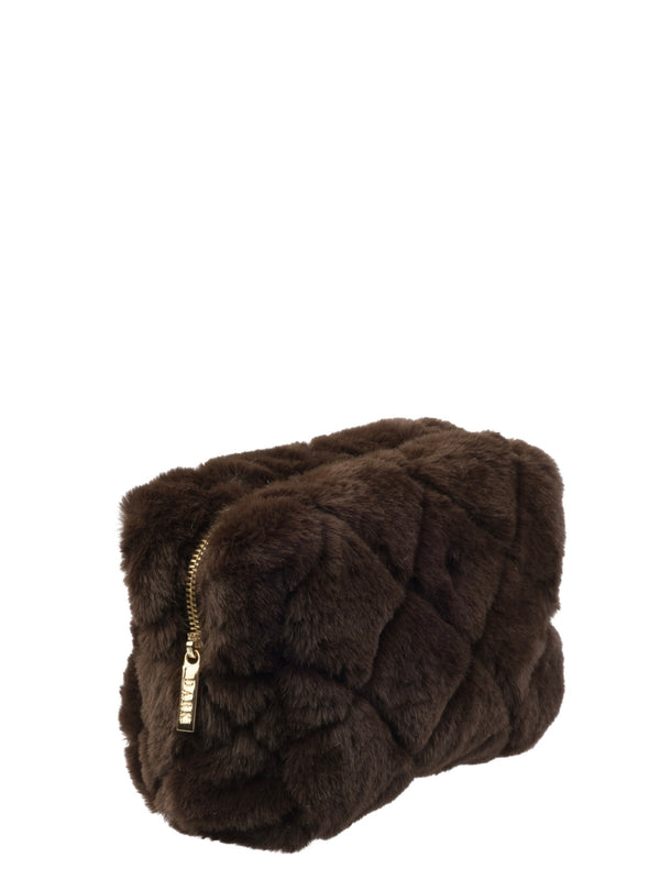Faux Fur Quilted Make-Up Pouch Small, Chocolate Brown