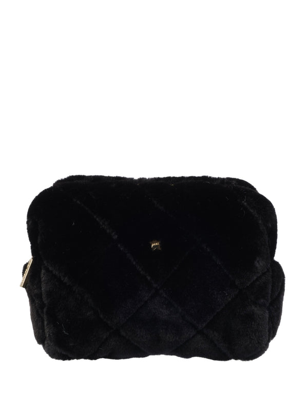 Faux Fur Quilted Make-Up Pouch Small, Black