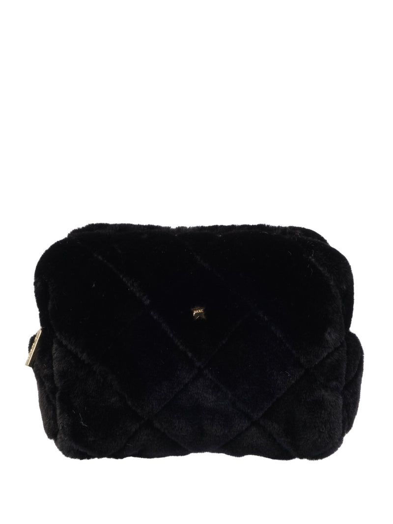 Faux Fur Quilted Make-Up Pouch Small, Black