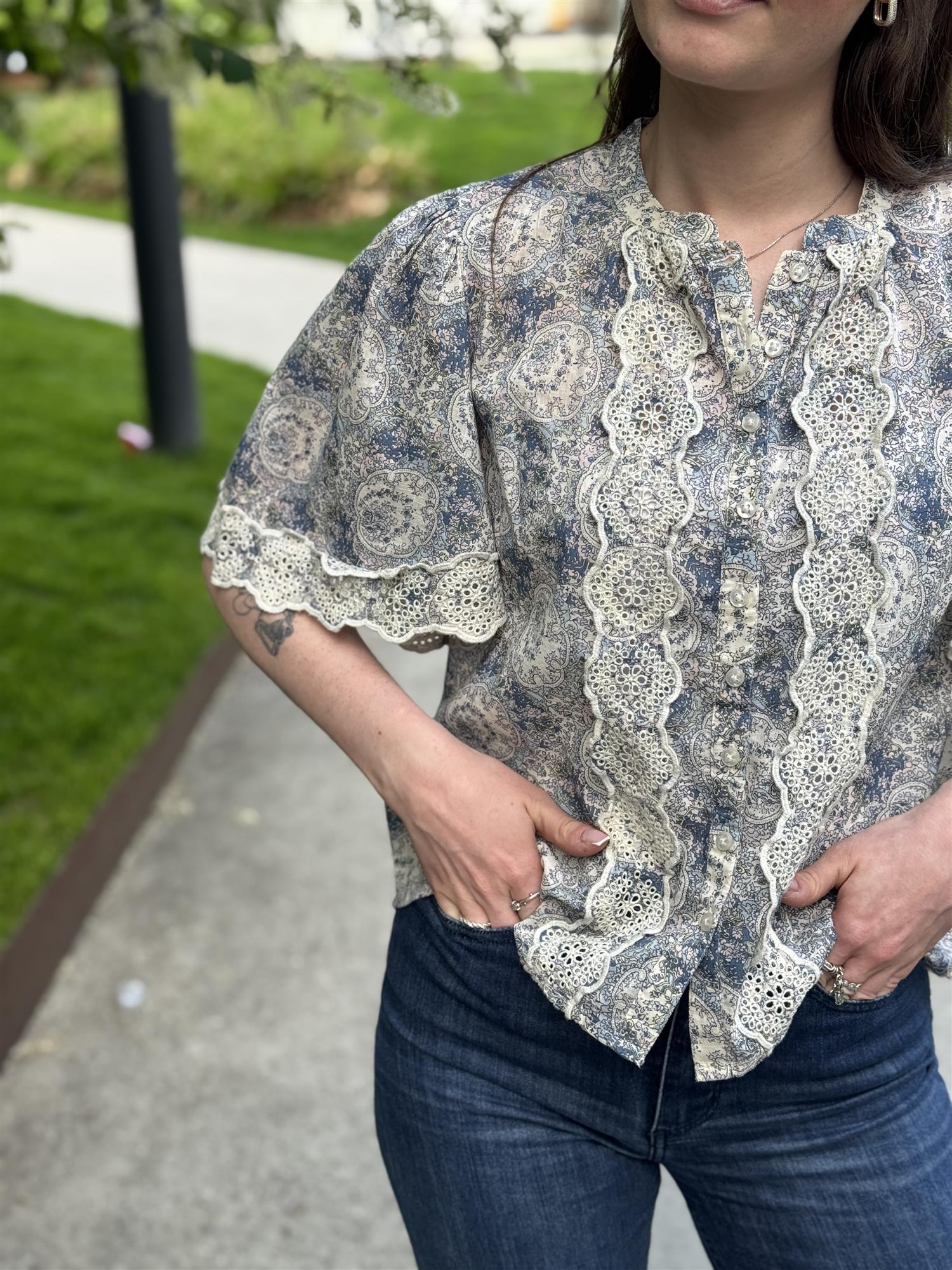 Cotton Slub Blouse, Blue Paisley