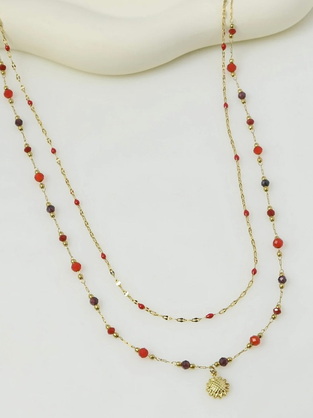 Necklace, Double-layer, natural stones, glass beads, Red