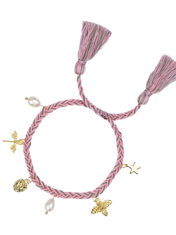 Woven Friendship Bracelet W/Charms, Pink & Green