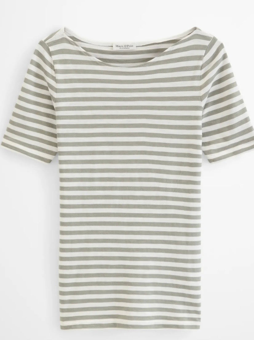 T-shirt, short sleeve, boat neck, Striped Green