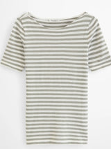 T-shirt, short sleeve, boat neck, Striped Green
