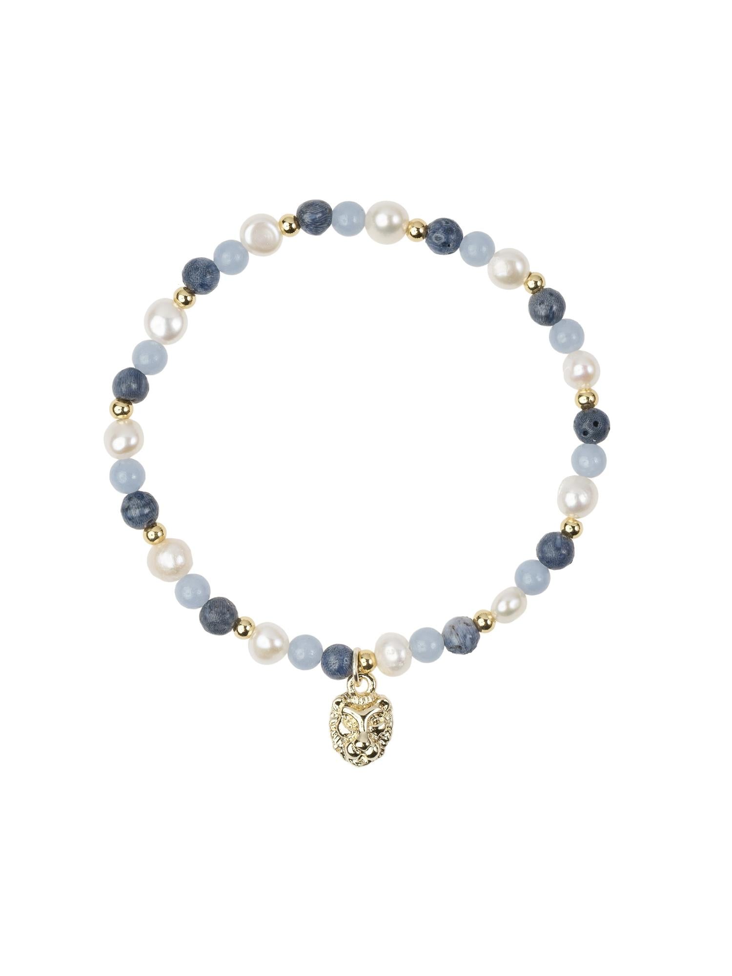 Stone & Pearl Bead Bracelet 4 mm W/Charm, Blue Mix