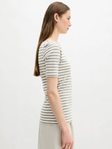 T-shirt, short sleeve, boat neck, Striped Green