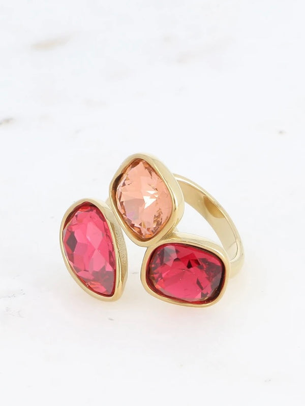 Open ring, 3 crystals, Pink