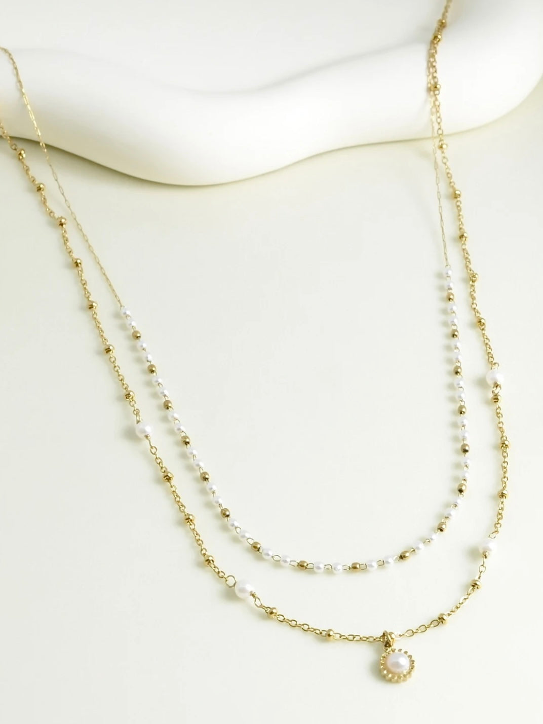 Necklace, double-layer, Faux Pearls, White