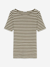 T-shirt, short sleeve, boat neck, striped, Milky Brown
