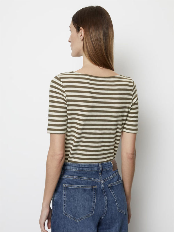T-shirt, short sleeve, boat neck, striped, Milky Brown